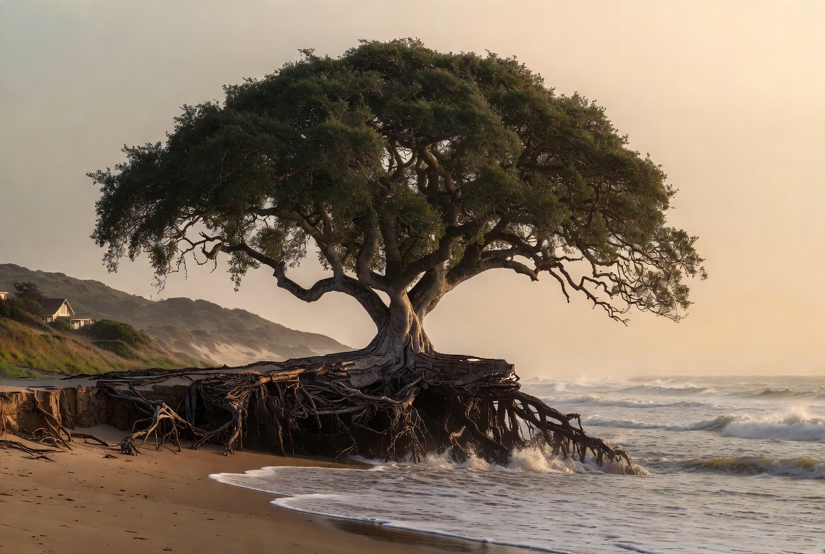 Tree on the shoreline, roots grounded, Stable ,steadfast
